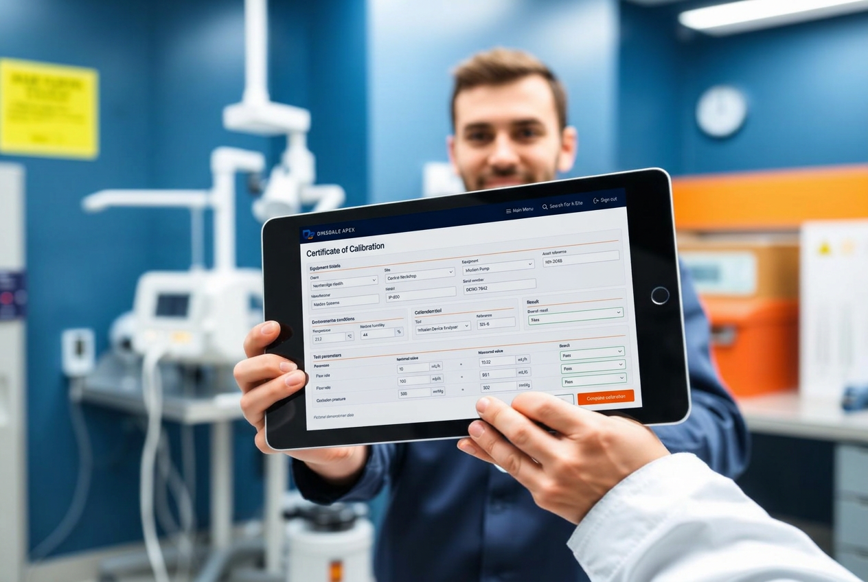 Biomedical engineer holding a tablet displaying the live Dinsdale Apex certificate of calibration in a clinical engineering workshop