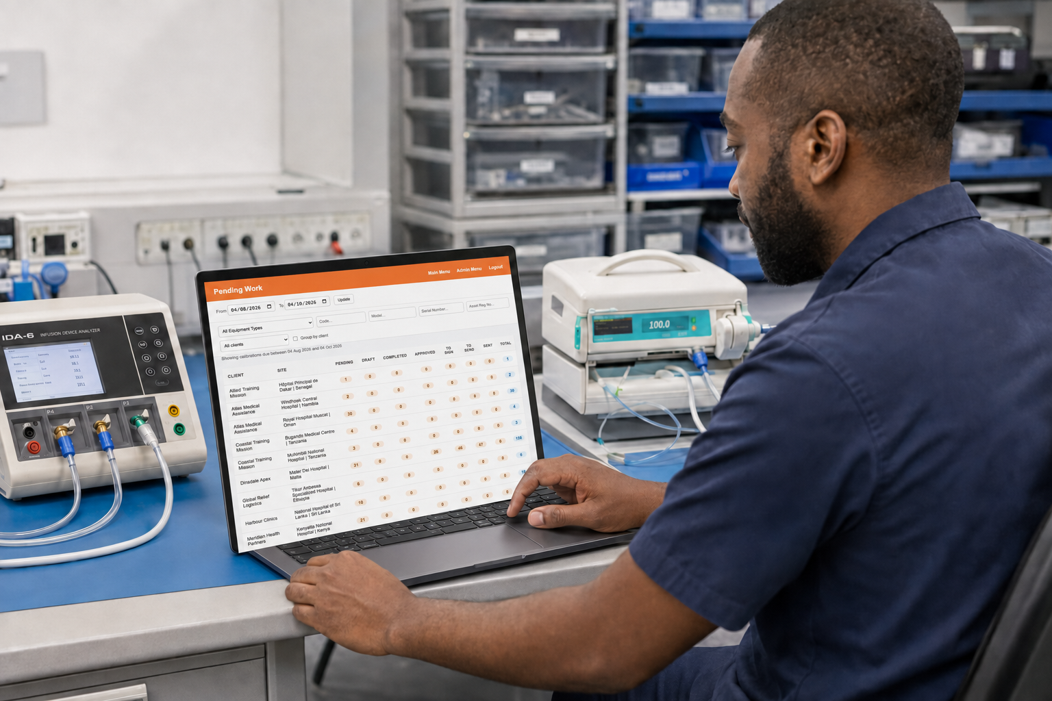 Biomedical engineer reviewing pending calibration work in Dinsdale Apex