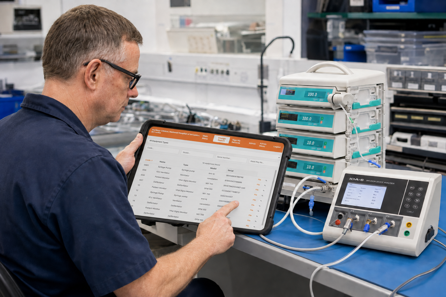 Biomedical engineer searching equipment records in Dinsdale Apex while testing infusion pumps