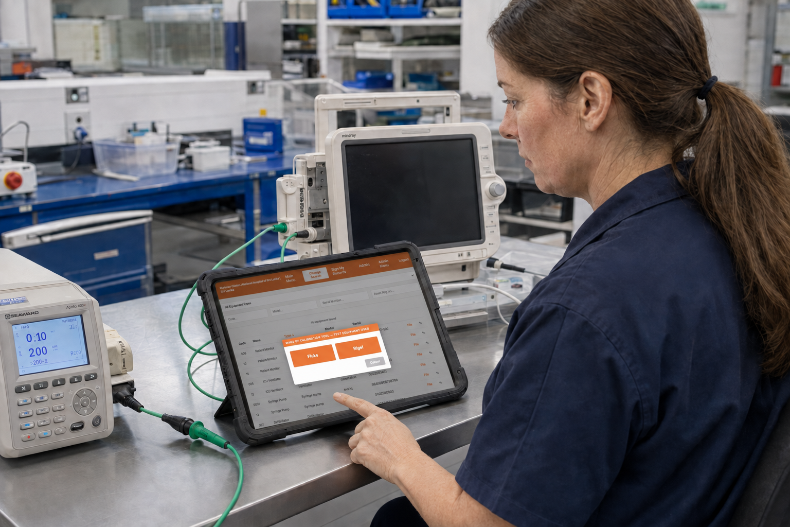 Biomedical engineer selecting calibration equipment in Dinsdale Apex during electrical safety testing