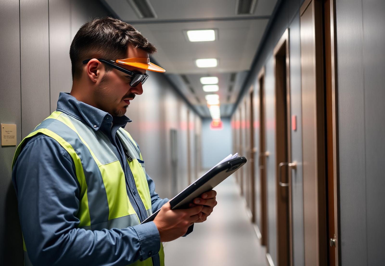 Fire safety inspector using a tablet to record a fire door survey in a building corridor