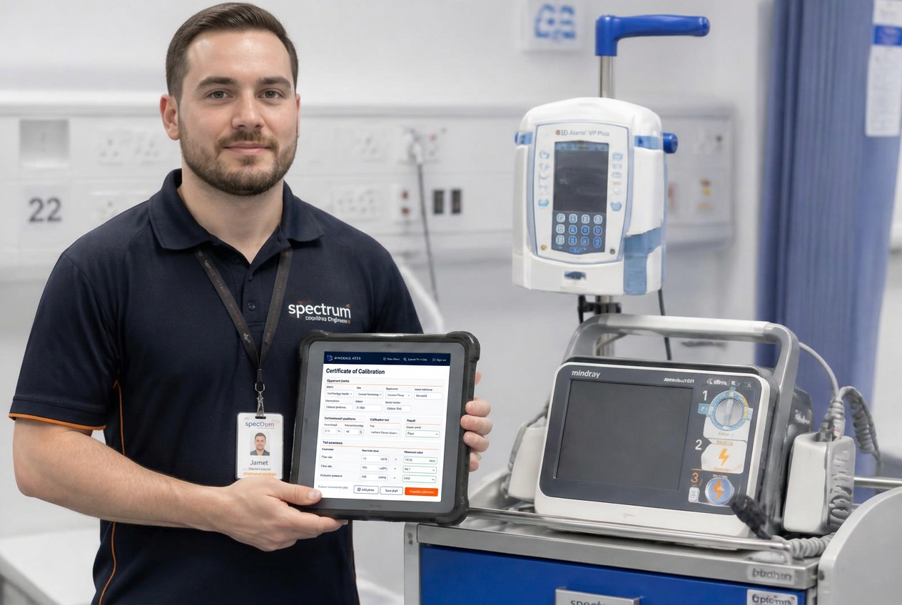 Hospital engineer beside a defibrillator holding a rugged tablet displaying the Dinsdale Apex certificate of calibration