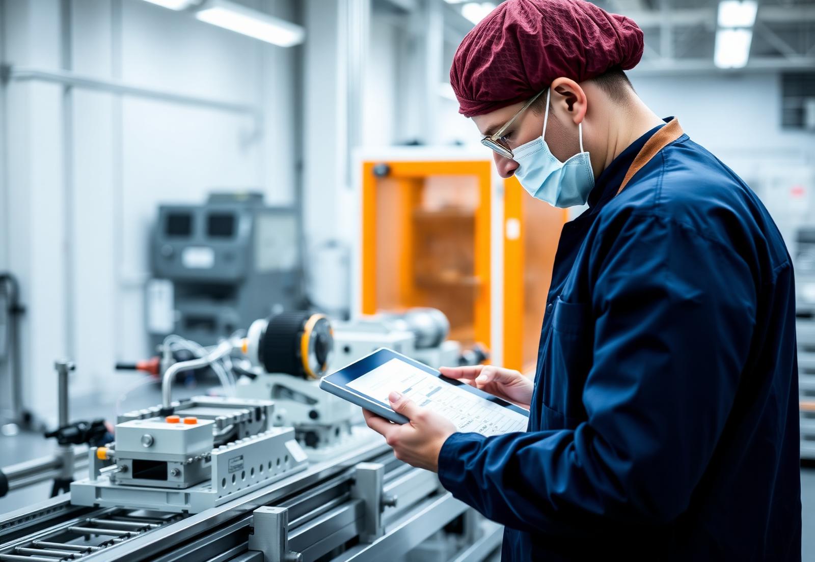 Quality inspector using a tablet to check a medical device assembly against controlled batch records