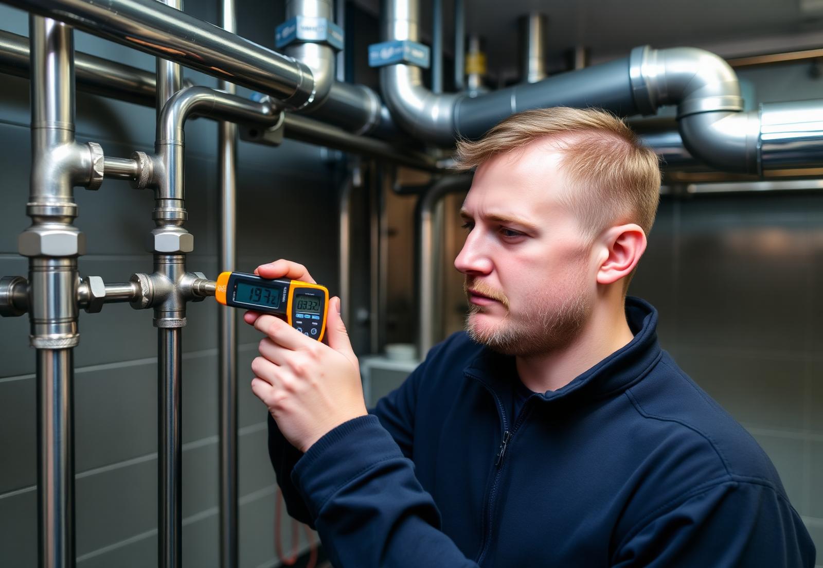 Water hygiene engineer taking a temperature reading at an outlet in a plant room