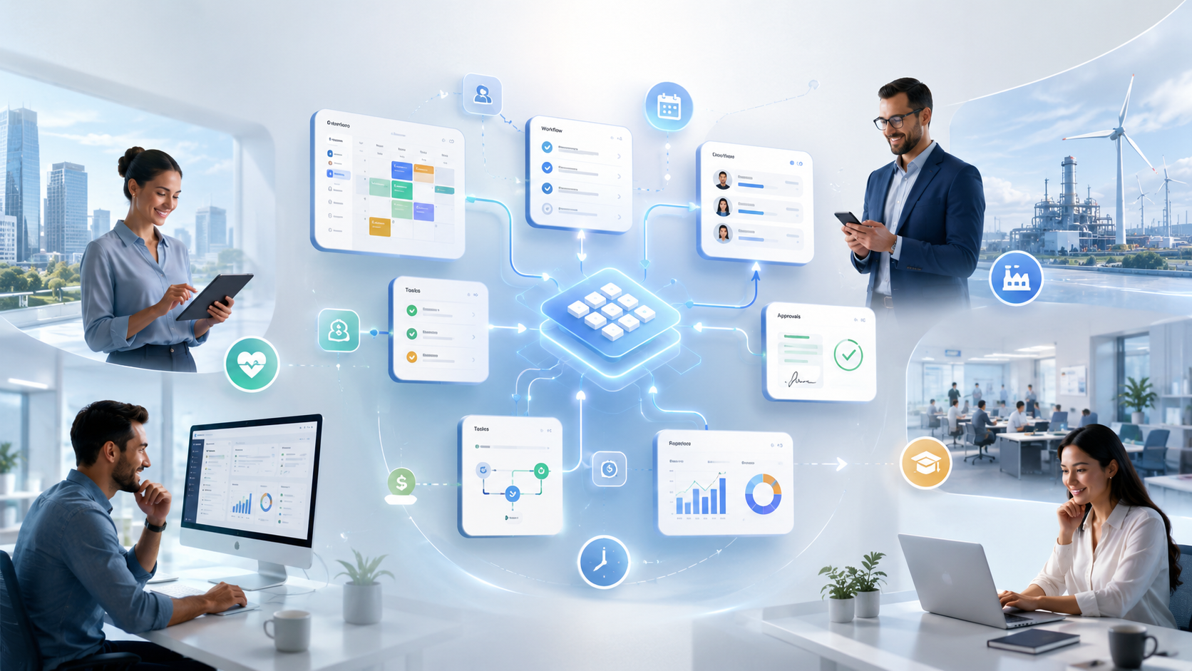 Teams using connected workflow, scheduling, approvals and analytics dashboards across devices