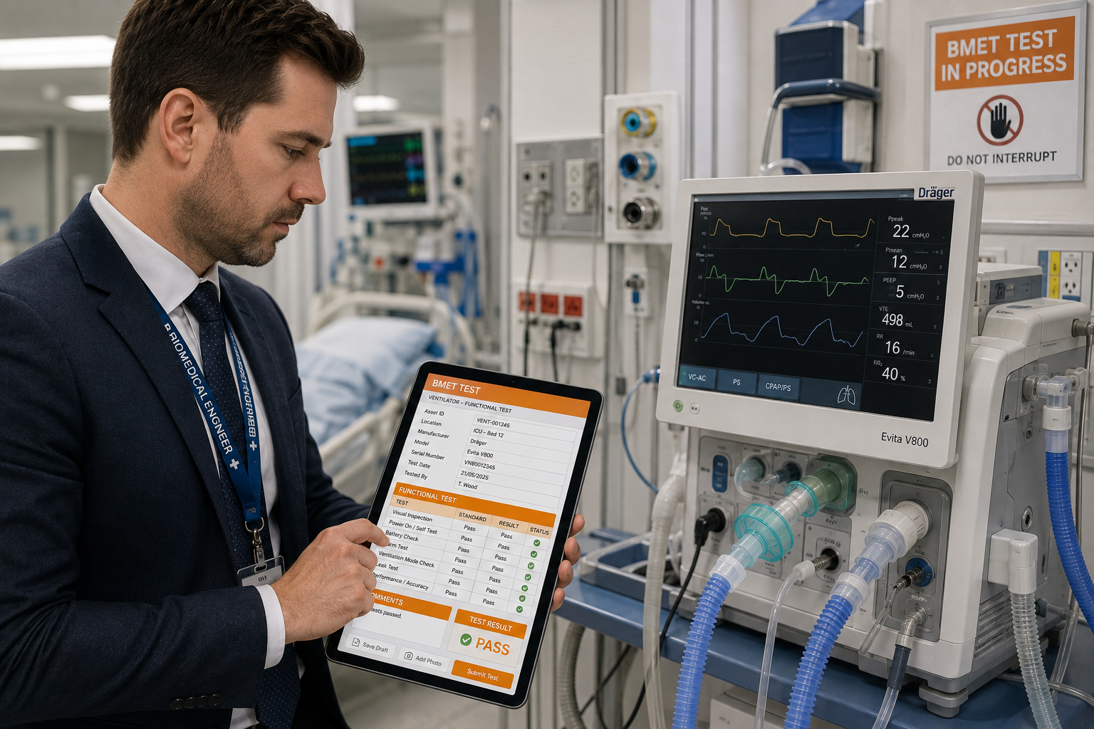Biomedical engineer beside a ventilator holding a tablet displaying a completed Dinsdale Apex calibration certificate