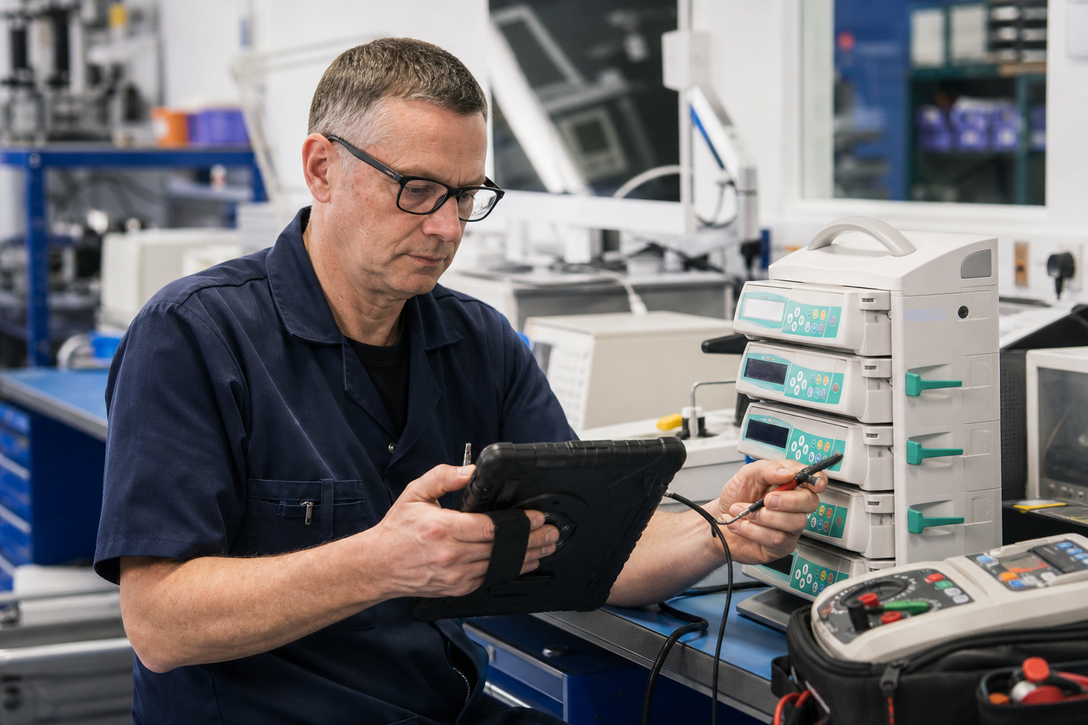 Biomedical engineer using a tablet beside infusion pumps while Dinsdale Select connects field records to other systems